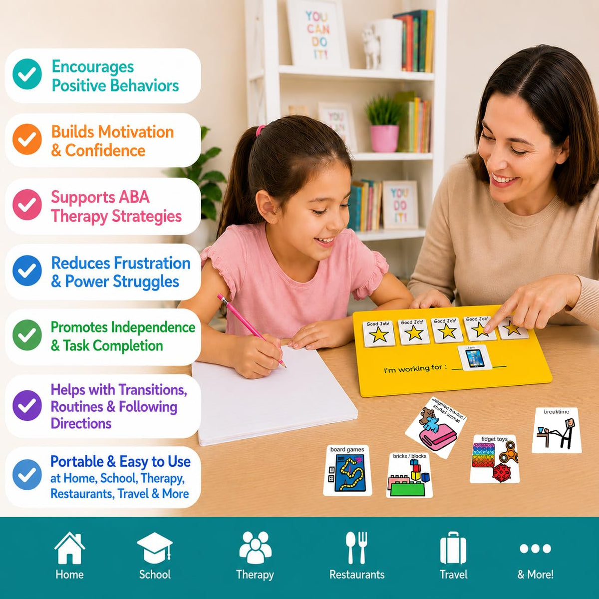 Visual Token Board System– Positive Behavior Reward Chart with Choice Board, 30 Reinforcer Cards & 5 Star Tokens for Home, School, ABA & Therapy and on the Go. (Green -Real Photos)