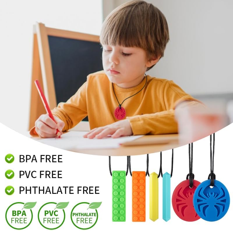 Chew Necklaces for Sensory Kids, 6 Pack Chewy Necklace Sensory for Autism, ADHD, SPD, Silicone Oral Chew Toys Teething Necklace for Boys Girls Reduce Anxiety Fidget