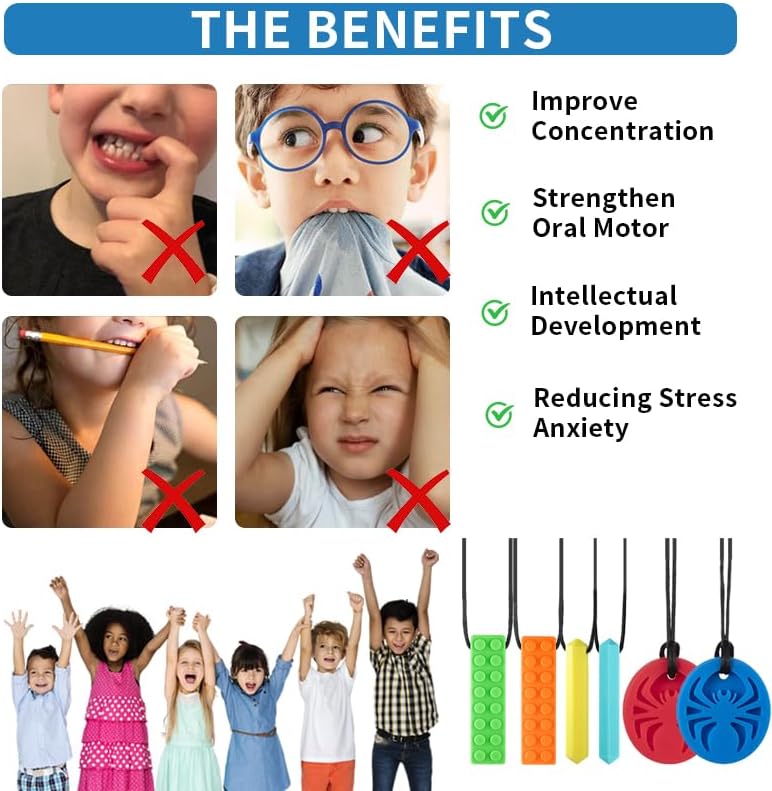 Chew Necklaces for Sensory Kids, 6 Pack Chewy Necklace Sensory for Autism, ADHD, SPD, Silicone Oral Chew Toys Teething Necklace for Boys Girls Reduce Anxiety Fidget