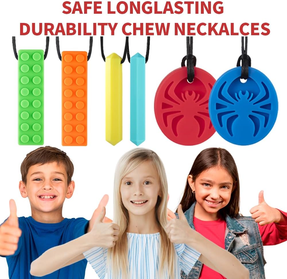 Chew Necklaces for Sensory Kids, 6 Pack Chewy Necklace Sensory for Autism, ADHD, SPD, Silicone Oral Chew Toys Teething Necklace for Boys Girls Reduce Anxiety Fidget