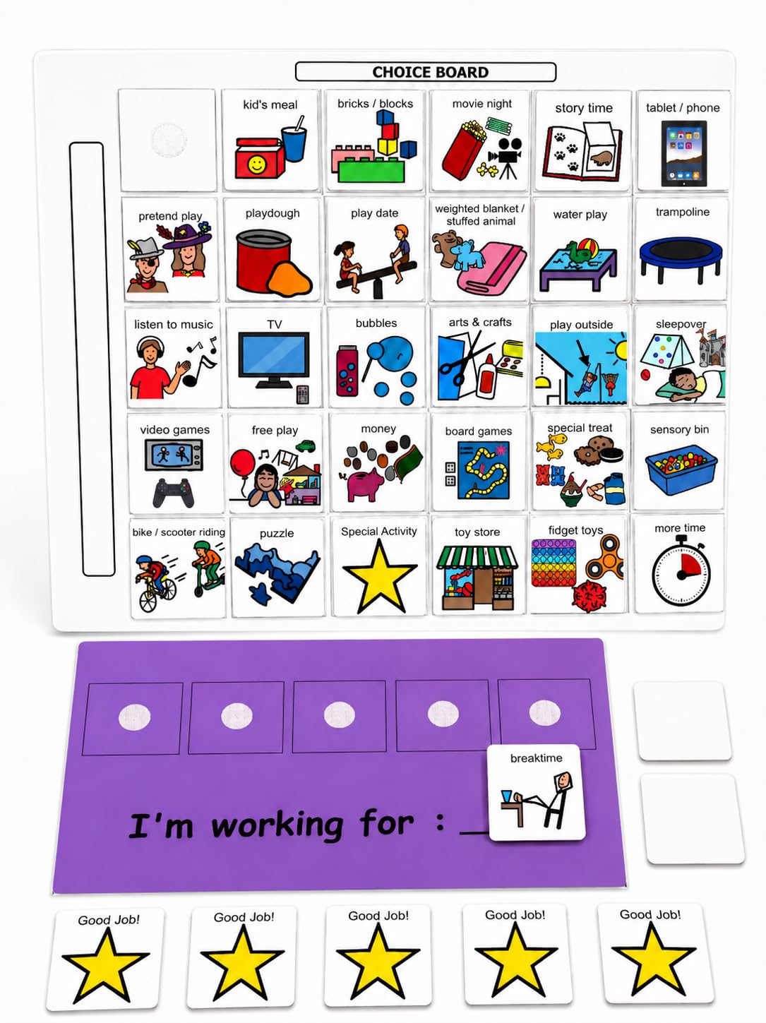 Visual Token Board System– Positive Behavior Reward Chart with Choice Board, 30 Reinforcer Cards & 5 Star Tokens for Home, School, ABA & Therapy and on the Go. (Green -Real Photos)