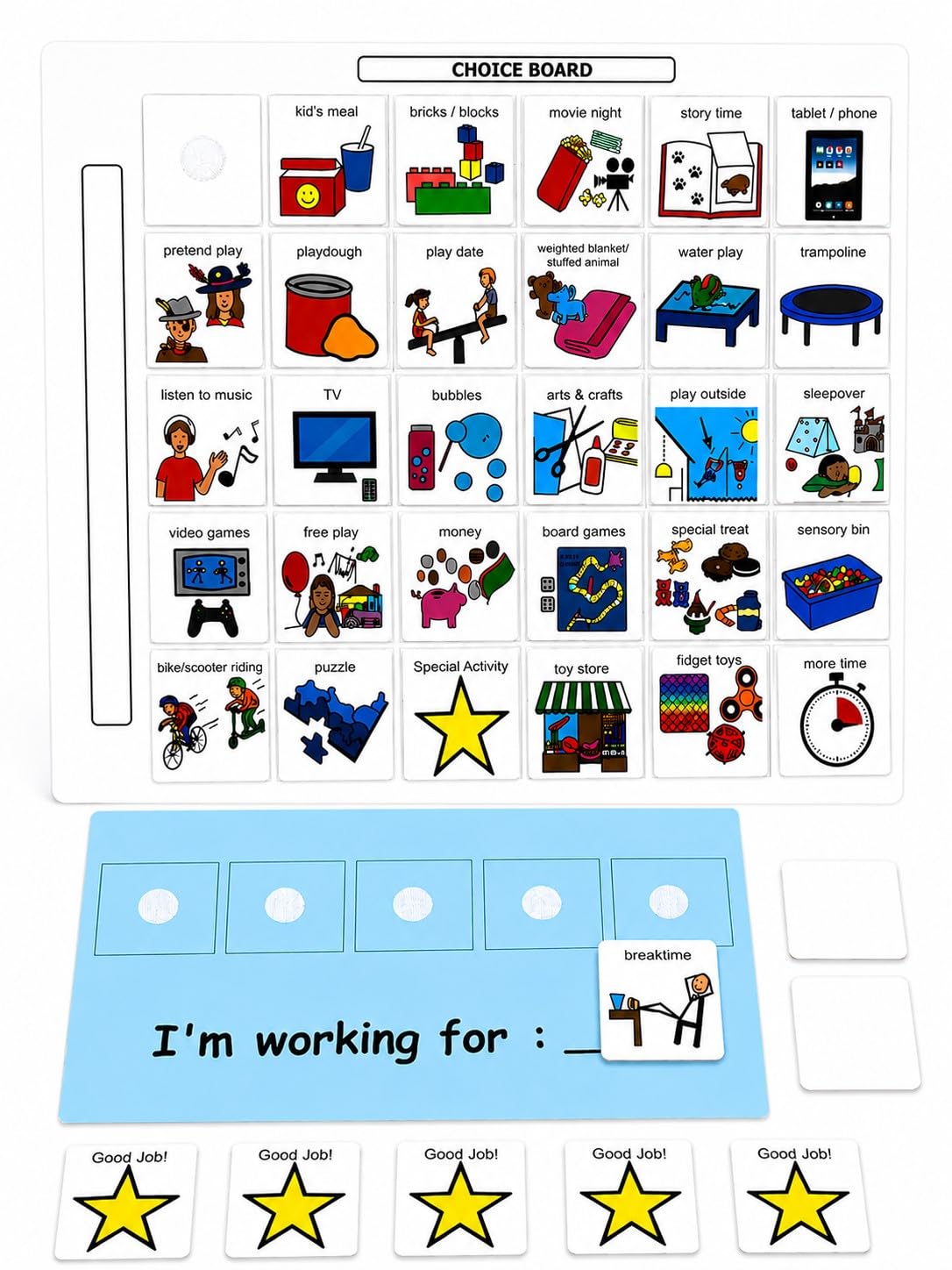 Visual Token Board System– Positive Behavior Reward Chart with Choice Board, 30 Reinforcer Cards & 5 Star Tokens for Home, School, ABA & Therapy and on the Go. (Green -Real Photos)