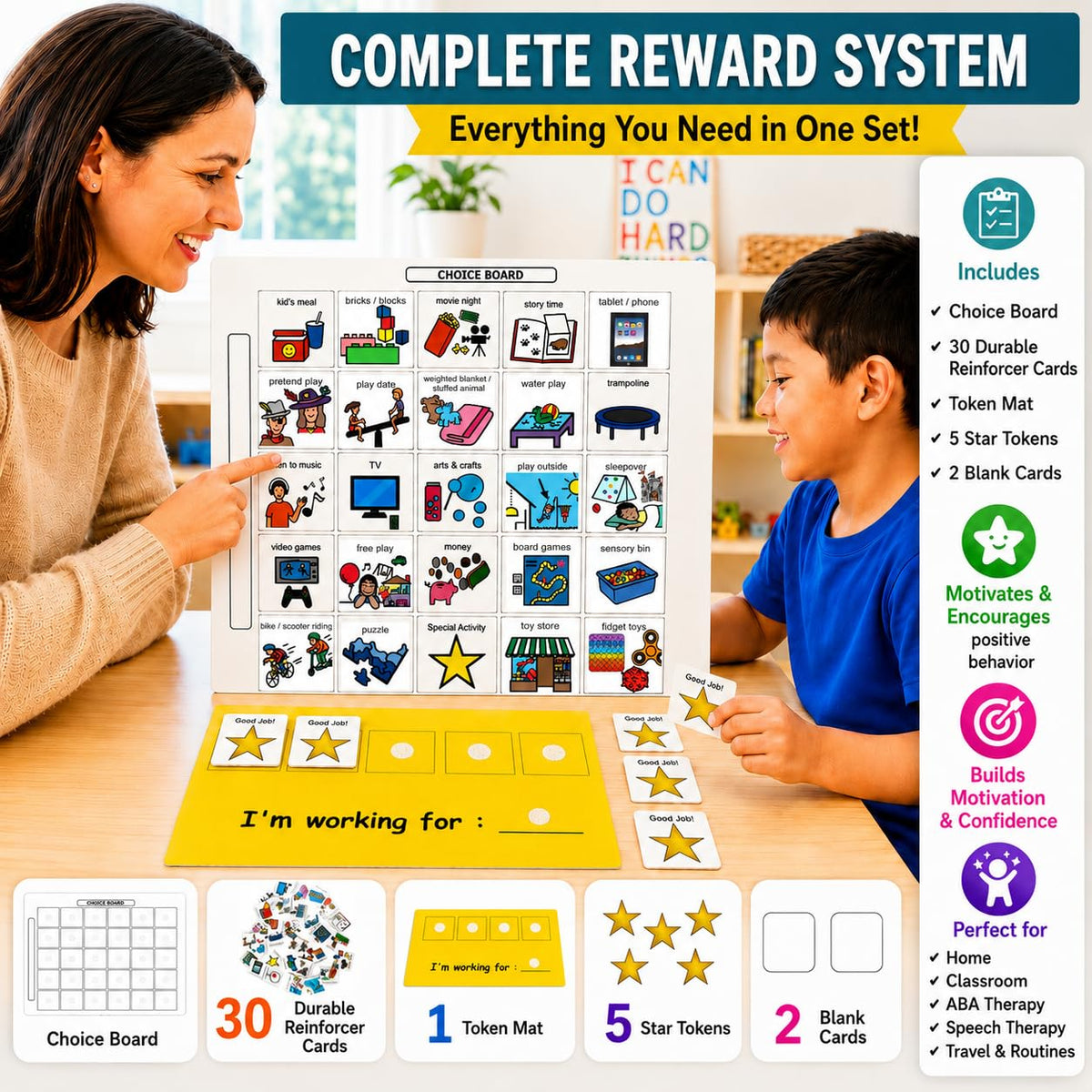 Visual Token Board System– Positive Behavior Reward Chart with Choice Board, 30 Reinforcer Cards & 5 Star Tokens for Home, School, ABA & Therapy and on the Go. (Green -Real Photos)