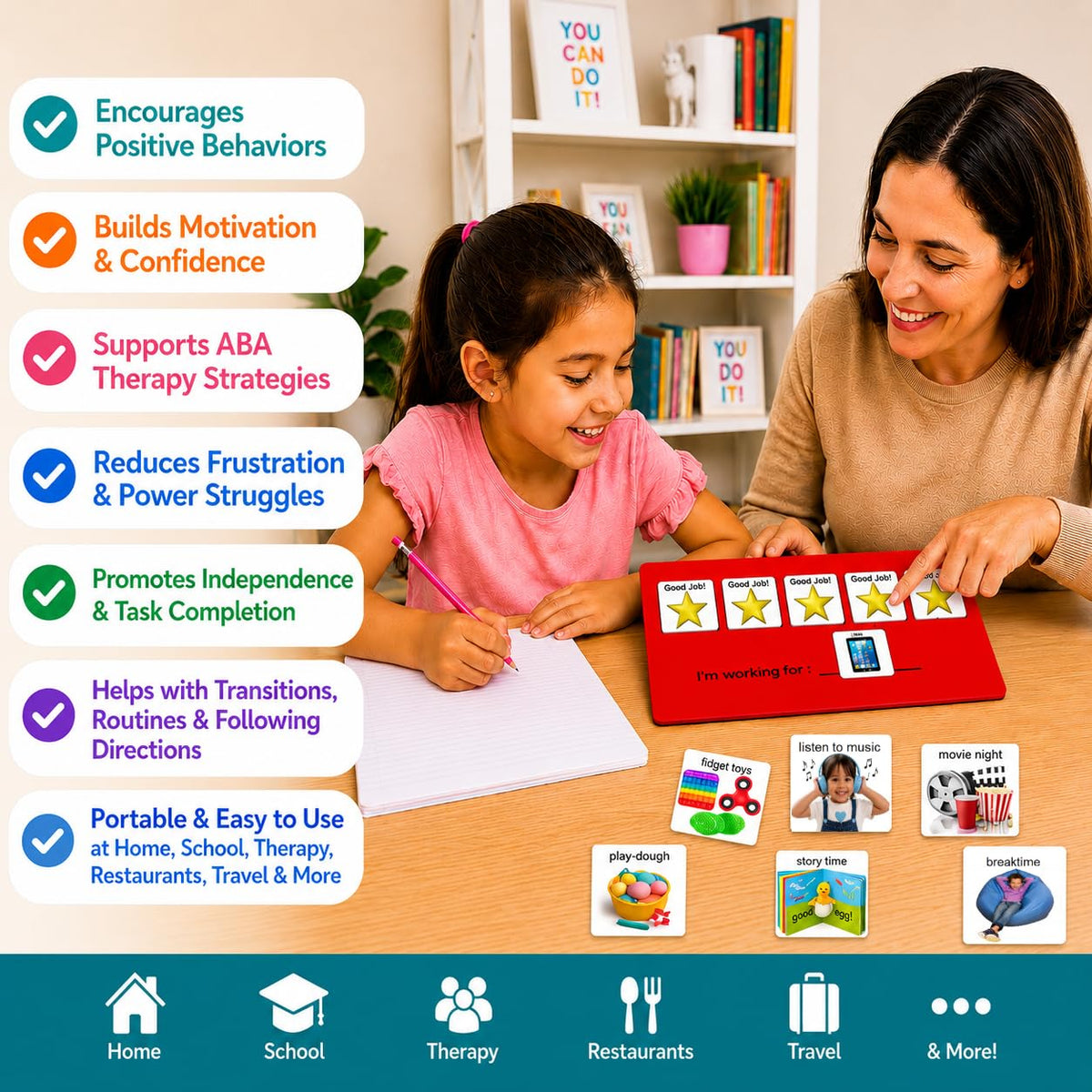 Visual Token Board System– Positive Behavior Reward Chart with Choice Board, 30 Reinforcer Cards & 5 Star Tokens for Home, School, ABA & Therapy and on the Go. (Green -Real Photos)