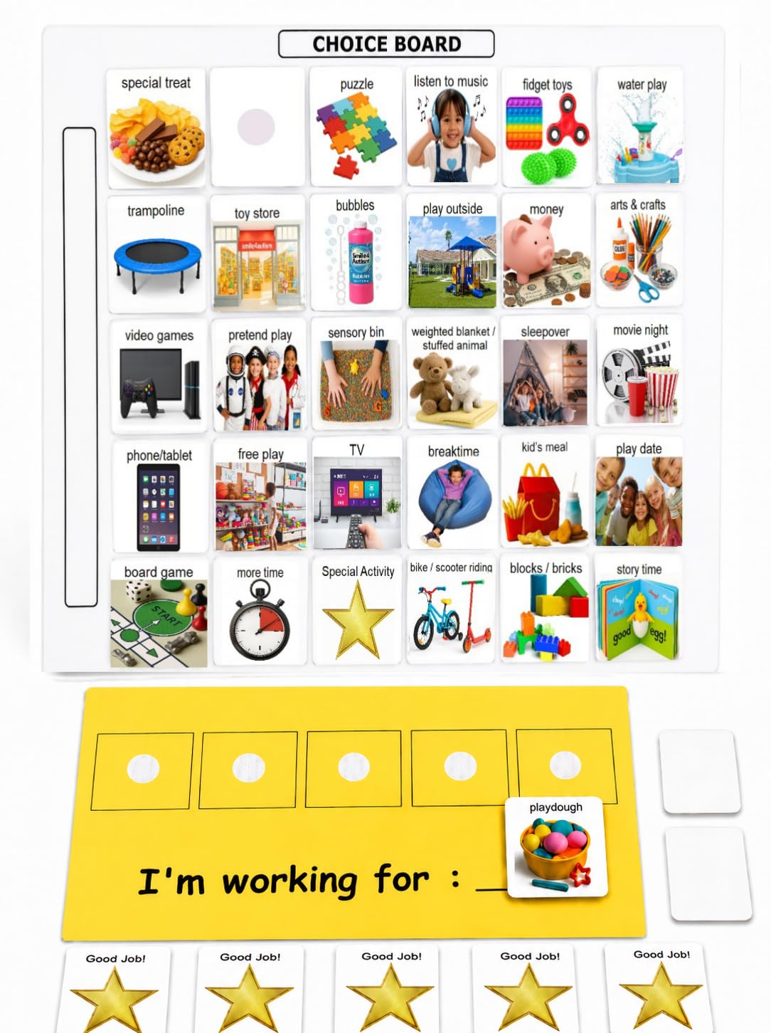 Visual Token Board System– Positive Behavior Reward Chart with Choice Board, 30 Reinforcer Cards & 5 Star Tokens for Home, School, ABA & Therapy and on the Go. (Green -Real Photos)