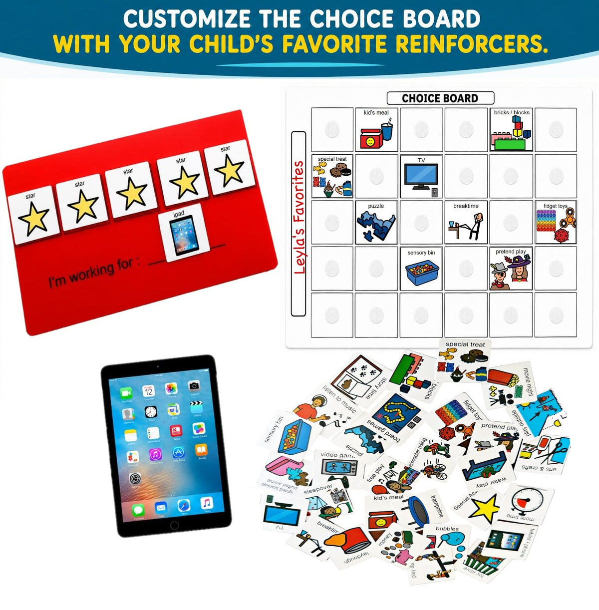 Visual Token Board System– Positive Behavior Reward Chart with Choice Board, 30 Reinforcer Cards & 5 Star Tokens for Home, School, ABA & Therapy and on the Go. (Green -Real Photos)
