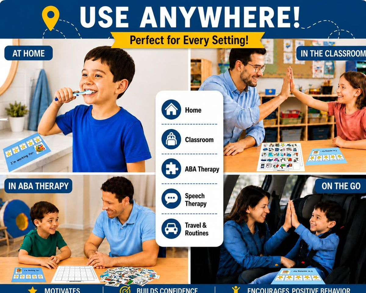 Visual Token Board System– Positive Behavior Reward Chart with Choice Board, 30 Reinforcer Cards & 5 Star Tokens for Home, School, ABA & Therapy and on the Go. (Green -Real Photos)