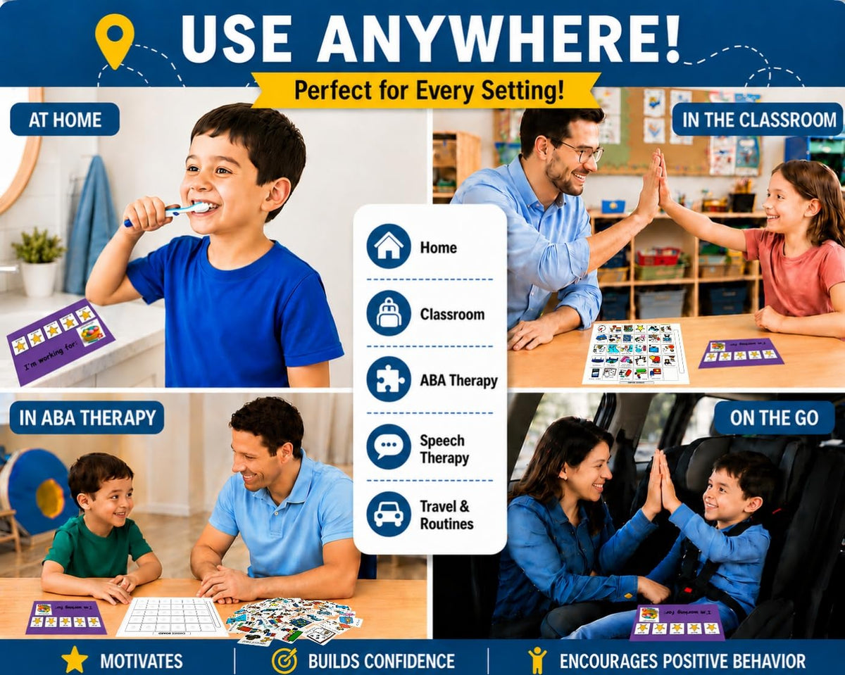 Visual Token Board System– Positive Behavior Reward Chart with Choice Board, 30 Reinforcer Cards & 5 Star Tokens for Home, School, ABA & Therapy and on the Go. (Green -Real Photos)