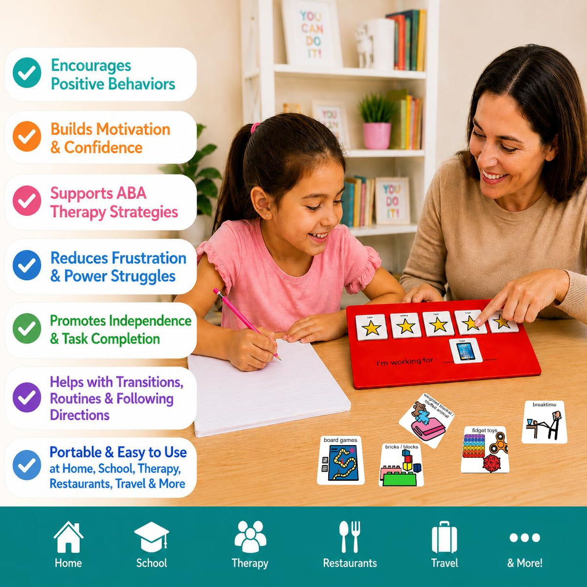 Visual Token Board System– Positive Behavior Reward Chart with Choice Board, 30 Reinforcer Cards & 5 Star Tokens for Home, School, ABA & Therapy and on the Go. (Green -Real Photos)