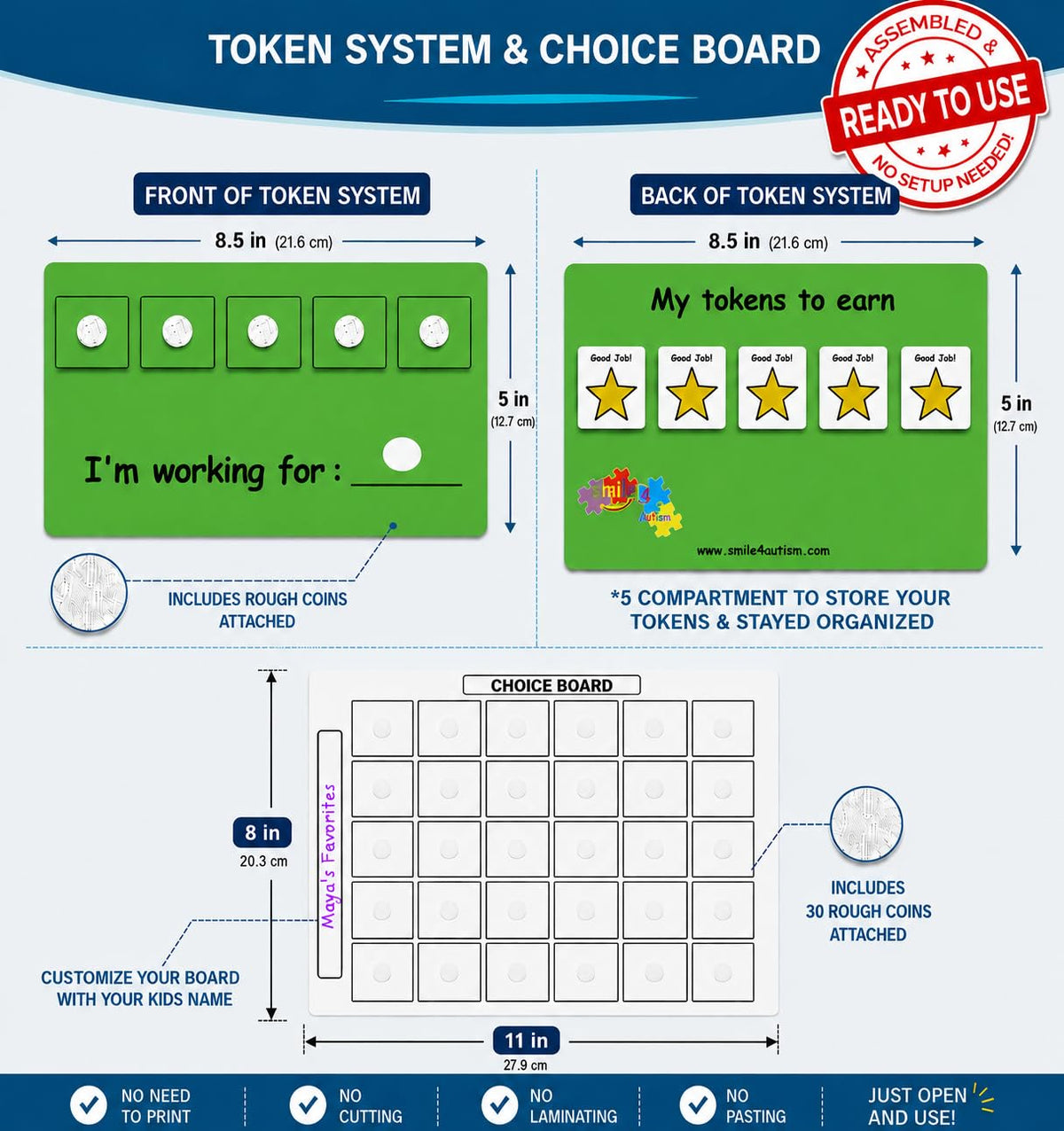 Visual Token Board System– Positive Behavior Reward Chart with Choice Board, 30 Reinforcer Cards & 5 Star Tokens for Home, School, ABA & Therapy and on the Go. (Green -Real Photos)