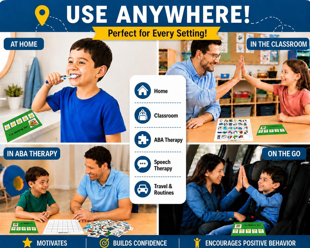 Visual Token Board System– Positive Behavior Reward Chart with Choice Board, 30 Reinforcer Cards & 5 Star Tokens for Home, School, ABA & Therapy and on the Go. (Green -Real Photos)