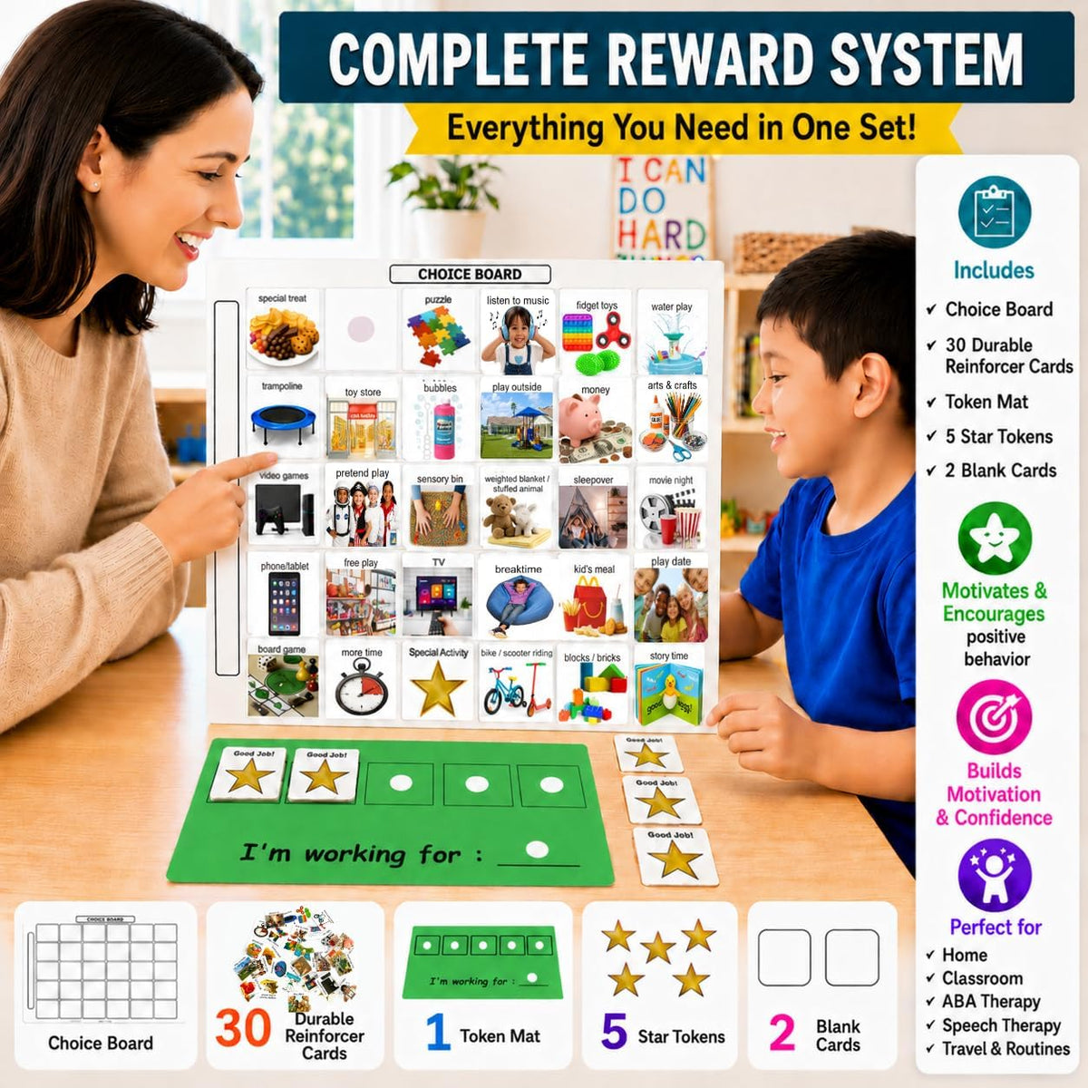 Visual Token Board System– Positive Behavior Reward Chart with Choice Board, 30 Reinforcer Cards & 5 Star Tokens for Home, School, ABA & Therapy and on the Go. (Green -Real Photos)