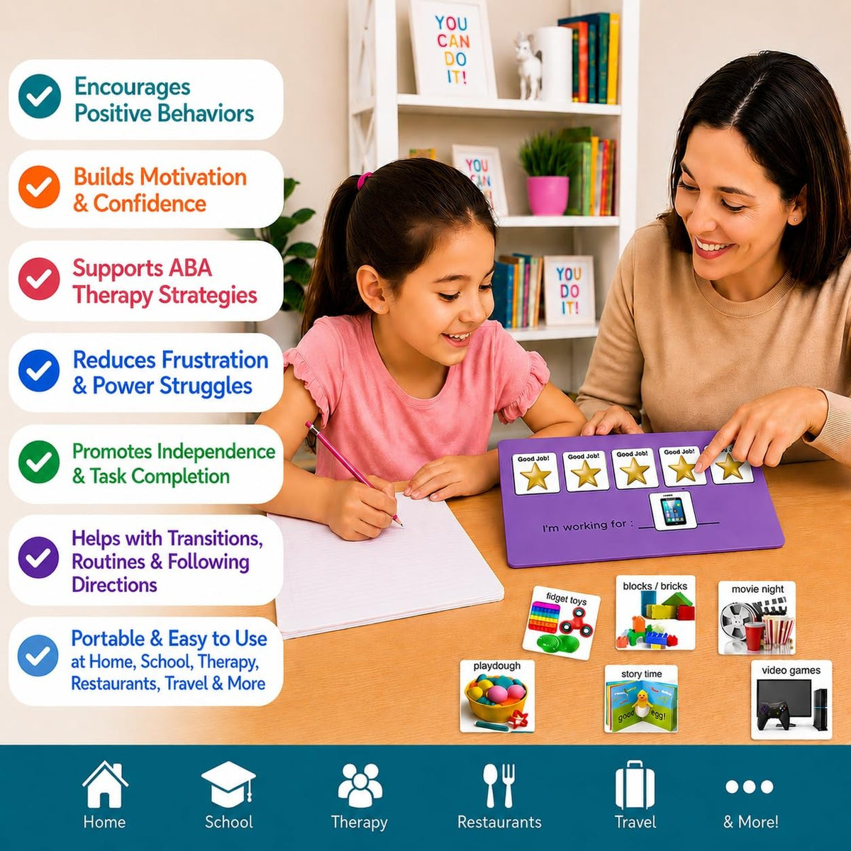 Visual Token Board System– Positive Behavior Reward Chart with Choice Board, 30 Reinforcer Cards & 5 Star Tokens for Home, School, ABA & Therapy and on the Go. (Green -Real Photos)