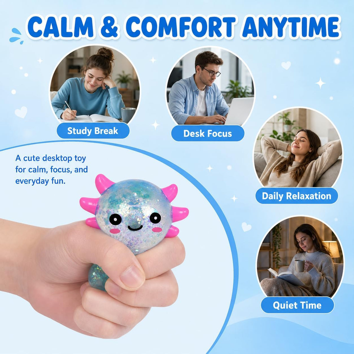 Axolotl Squishy Squeeze Toys Soft Slow Rebound Cute Stress Relief Sensory Toy for Boys & Girls Age 3+, Portable Fun & Relaxing Companion for Home, Office, Classroom (Blue)