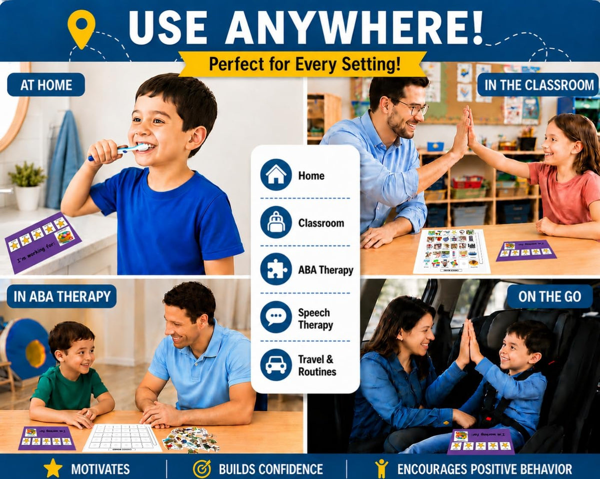 Visual Token Board System– Positive Behavior Reward Chart with Choice Board, 30 Reinforcer Cards & 5 Star Tokens for Home, School, ABA & Therapy and on the Go. (Green -Real Photos)