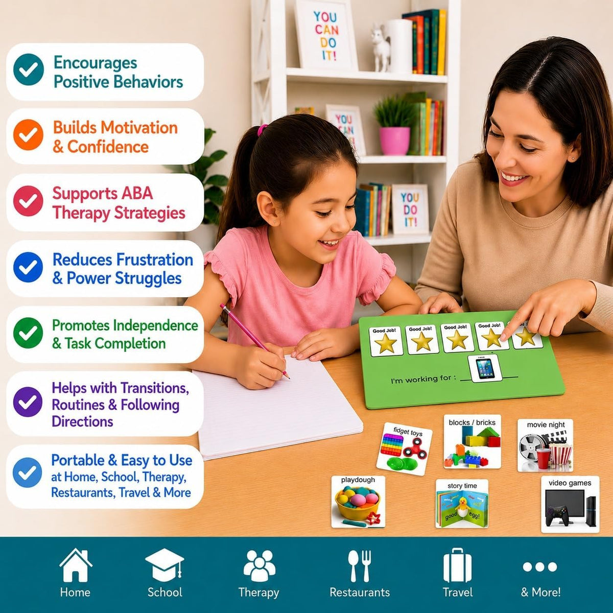 Visual Token Board System– Positive Behavior Reward Chart with Choice Board, 30 Reinforcer Cards & 5 Star Tokens for Home, School, ABA & Therapy and on the Go. (Green -Real Photos)