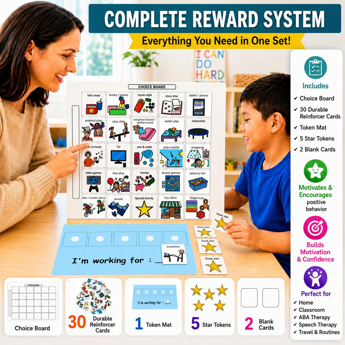 Visual Token Board System– Positive Behavior Reward Chart with Choice Board, 30 Reinforcer Cards & 5 Star Tokens for Home, School, ABA & Therapy and on the Go. (Green -Real Photos)