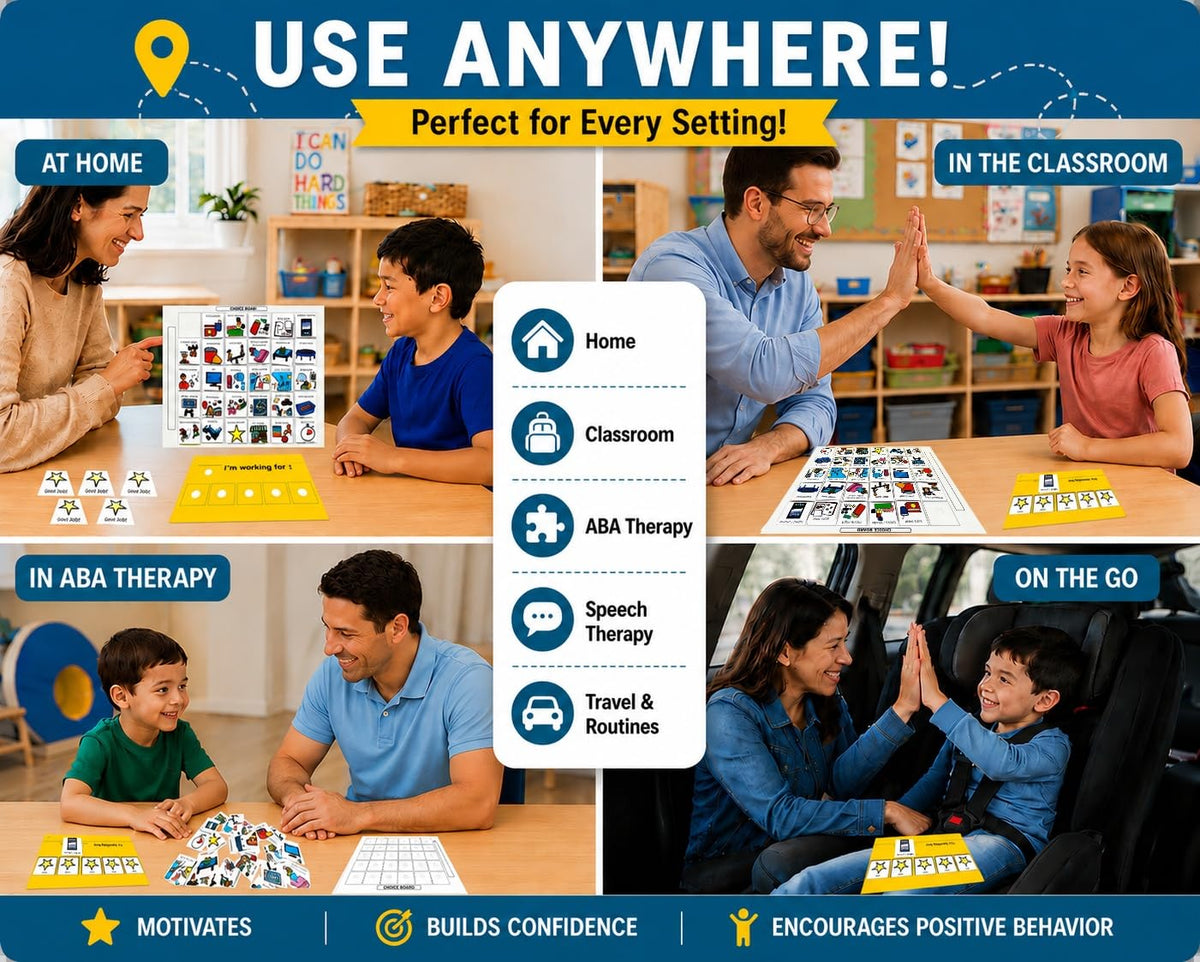 Visual Token Board System– Positive Behavior Reward Chart with Choice Board, 30 Reinforcer Cards & 5 Star Tokens for Home, School, ABA & Therapy and on the Go. (Green -Real Photos)