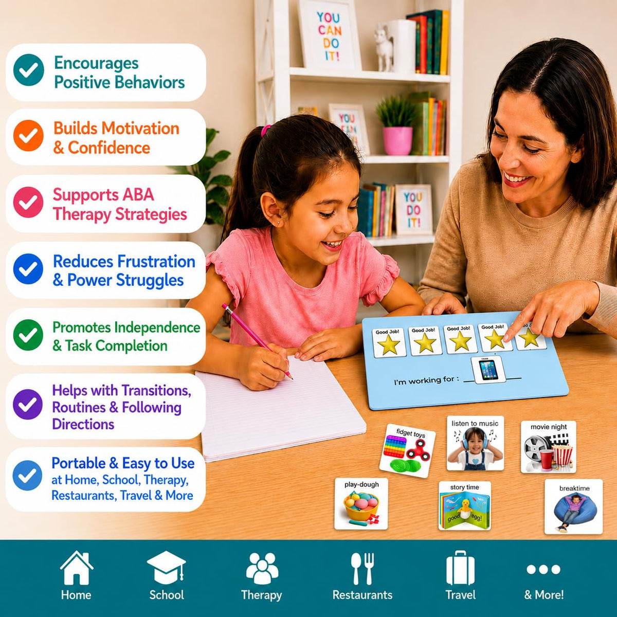 Visual Token Board System– Positive Behavior Reward Chart with Choice Board, 30 Reinforcer Cards & 5 Star Tokens for Home, School, ABA & Therapy and on the Go. (Green -Real Photos)