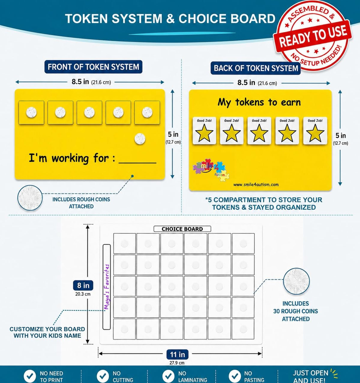 Visual Token Board System– Positive Behavior Reward Chart with Choice Board, 30 Reinforcer Cards & 5 Star Tokens for Home, School, ABA & Therapy and on the Go. (Green -Real Photos)