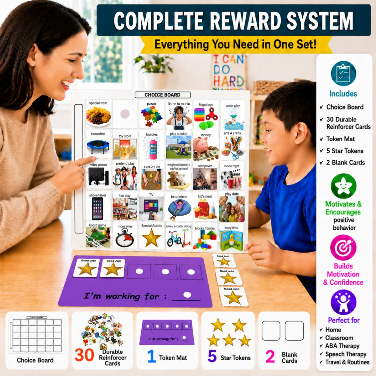 Visual Token Board System– Positive Behavior Reward Chart with Choice Board, 30 Reinforcer Cards & 5 Star Tokens for Home, School, ABA & Therapy and on the Go. (Green -Real Photos)