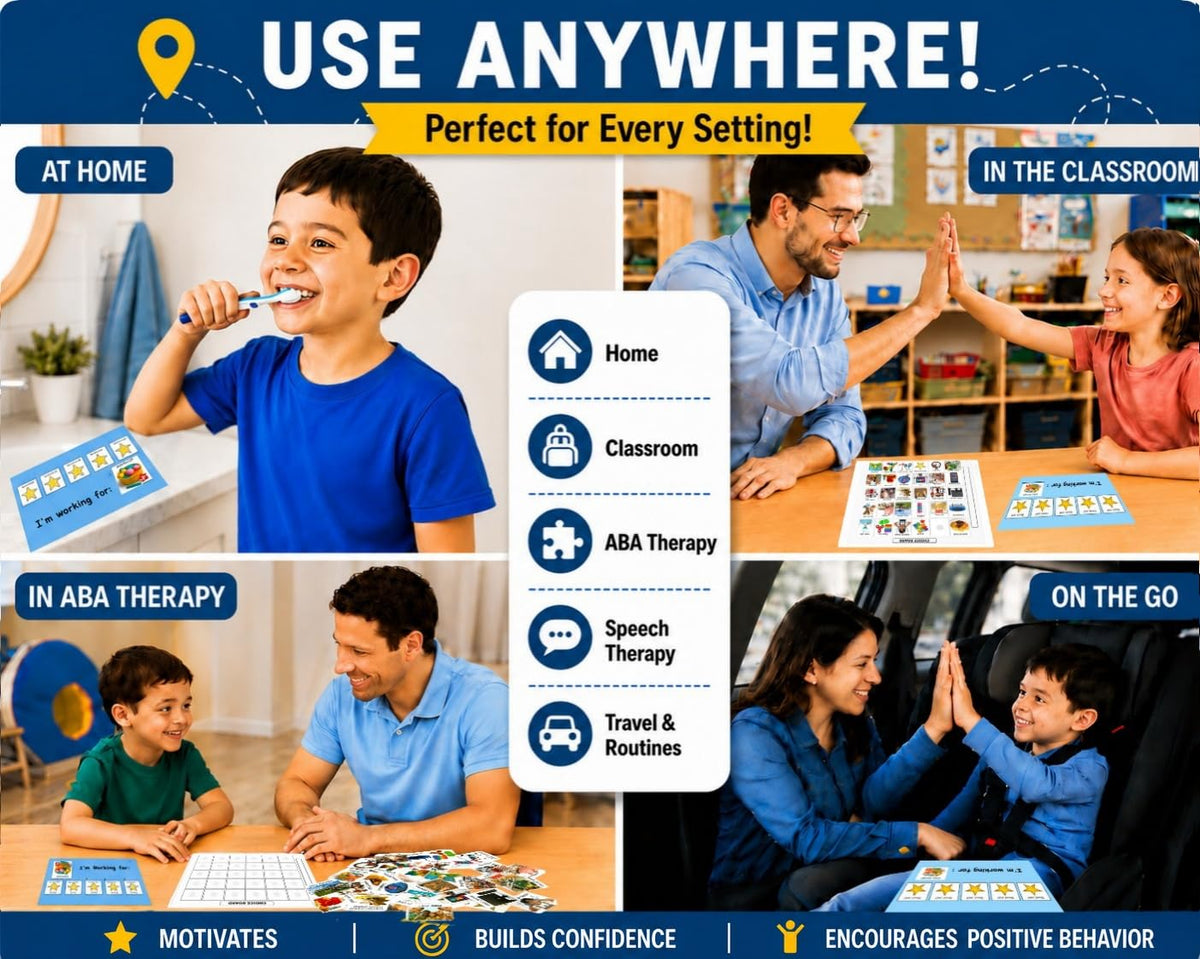 Visual Token Board System– Positive Behavior Reward Chart with Choice Board, 30 Reinforcer Cards & 5 Star Tokens for Home, School, ABA & Therapy and on the Go. (Green -Real Photos)