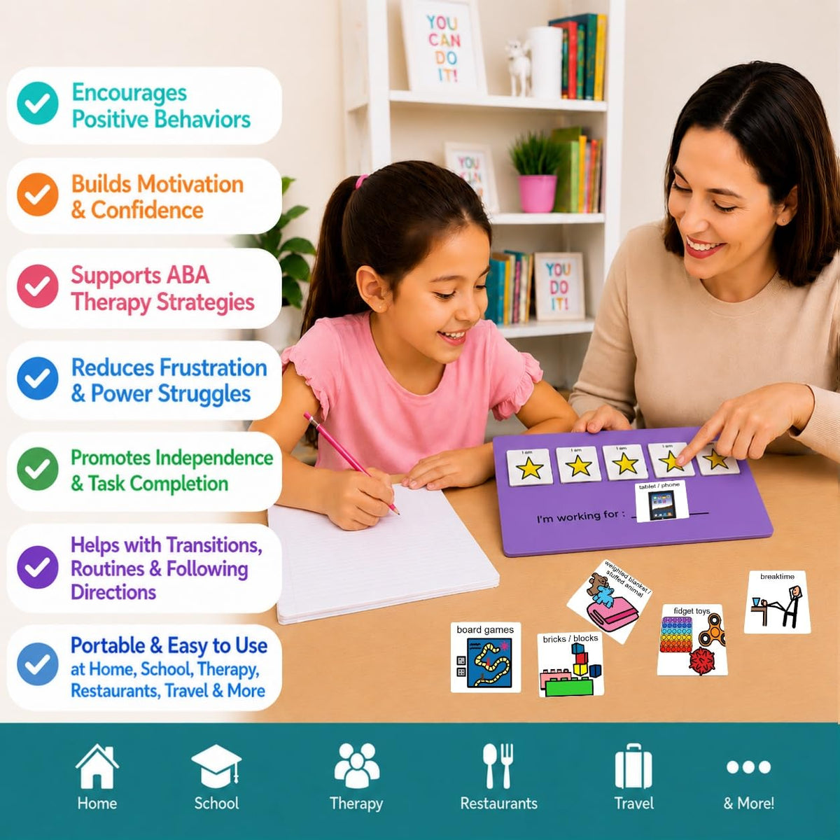 Visual Token Board System– Positive Behavior Reward Chart with Choice Board, 30 Reinforcer Cards & 5 Star Tokens for Home, School, ABA & Therapy and on the Go. (Green -Real Photos)