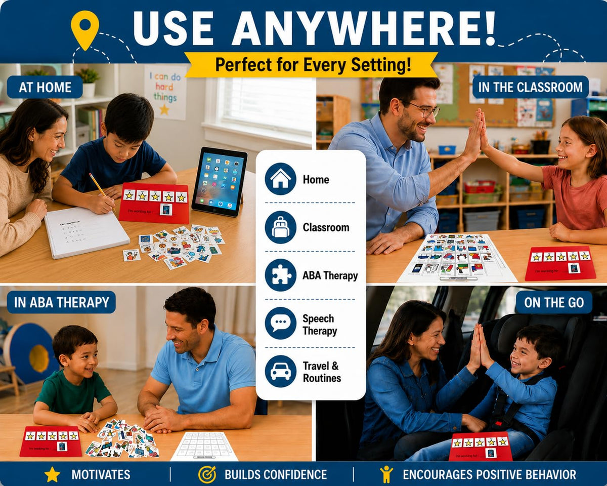 Visual Token Board System– Positive Behavior Reward Chart with Choice Board, 30 Reinforcer Cards & 5 Star Tokens for Home, School, ABA & Therapy and on the Go. (Green -Real Photos)