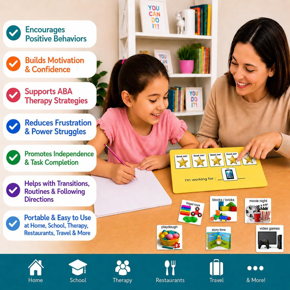Visual Token Board System– Positive Behavior Reward Chart with Choice Board, 30 Reinforcer Cards & 5 Star Tokens for Home, School, ABA & Therapy and on the Go. (Green -Real Photos)