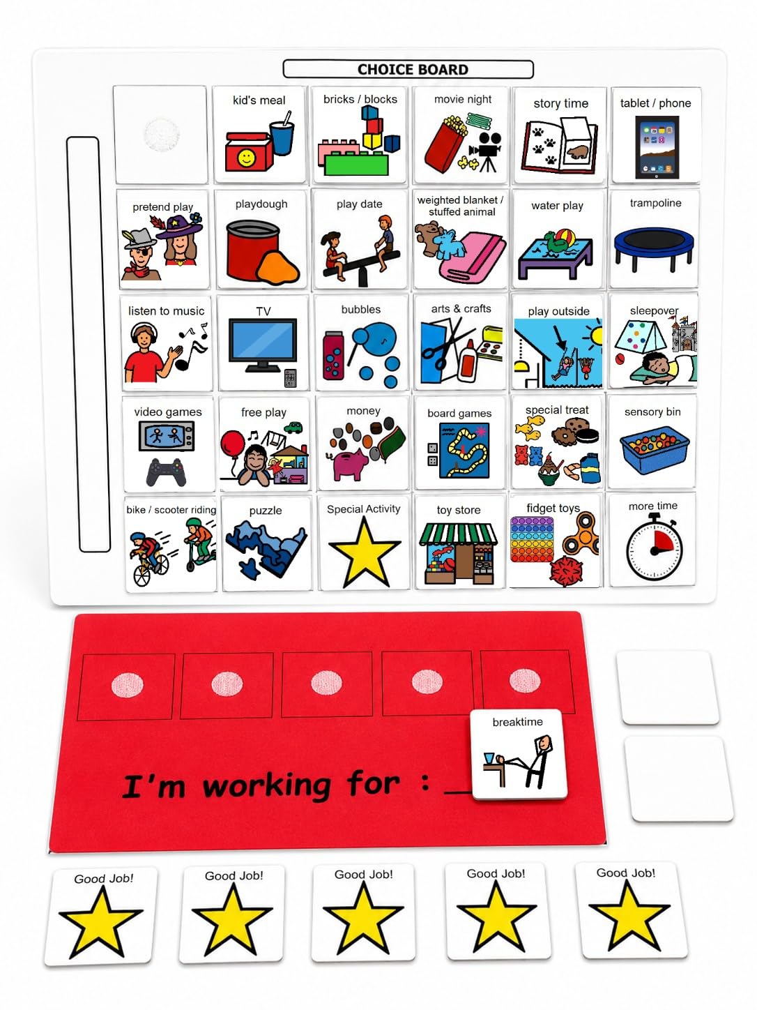 Visual Token Board System– Positive Behavior Reward Chart with Choice Board, 30 Reinforcer Cards & 5 Star Tokens for Home, School, ABA & Therapy and on the Go. (Green -Real Photos)