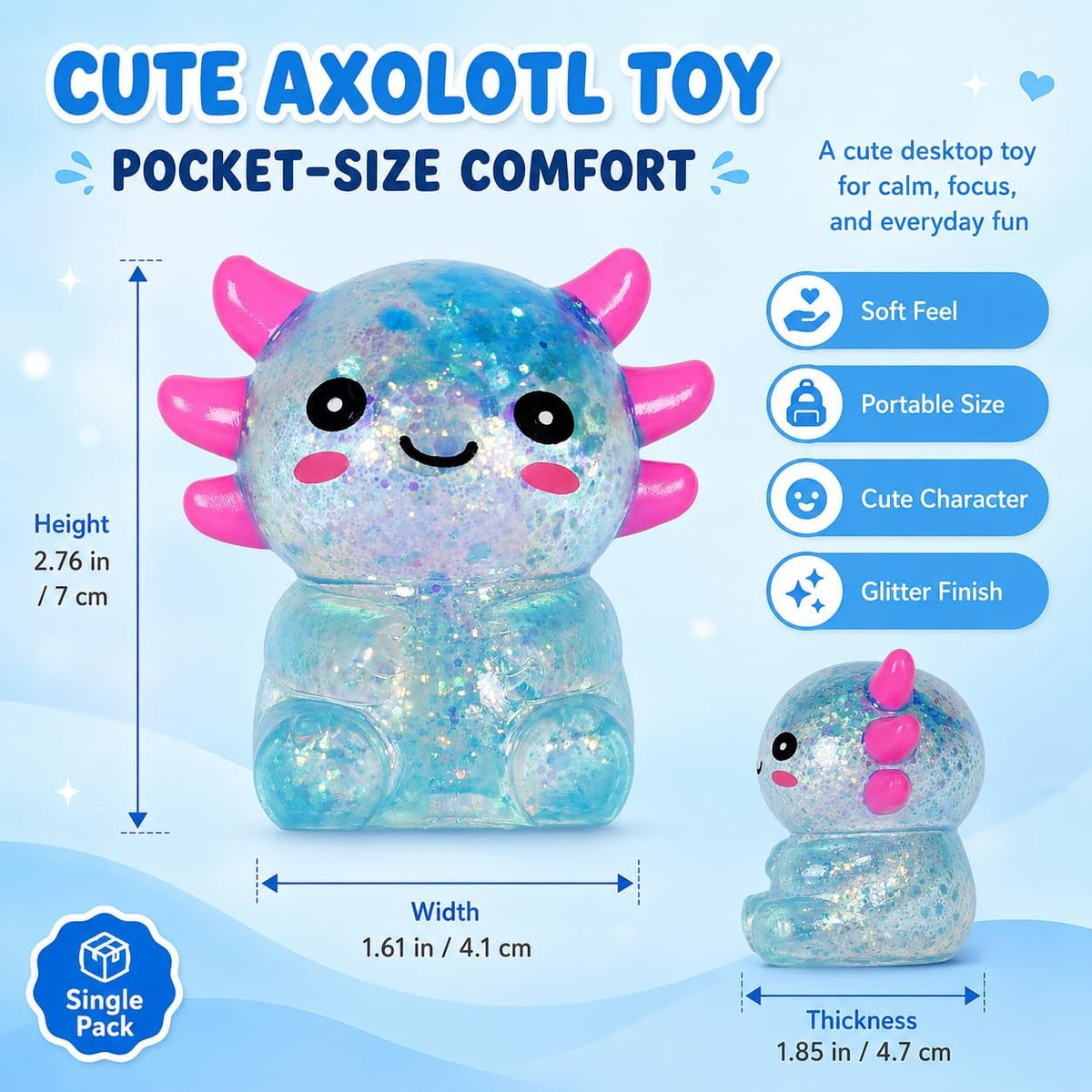 Axolotl Squishy Squeeze Toys Soft Slow Rebound Cute Stress Relief Sensory Toy for Boys & Girls Age 3+, Portable Fun & Relaxing Companion for Home, Office, Classroom (Blue)