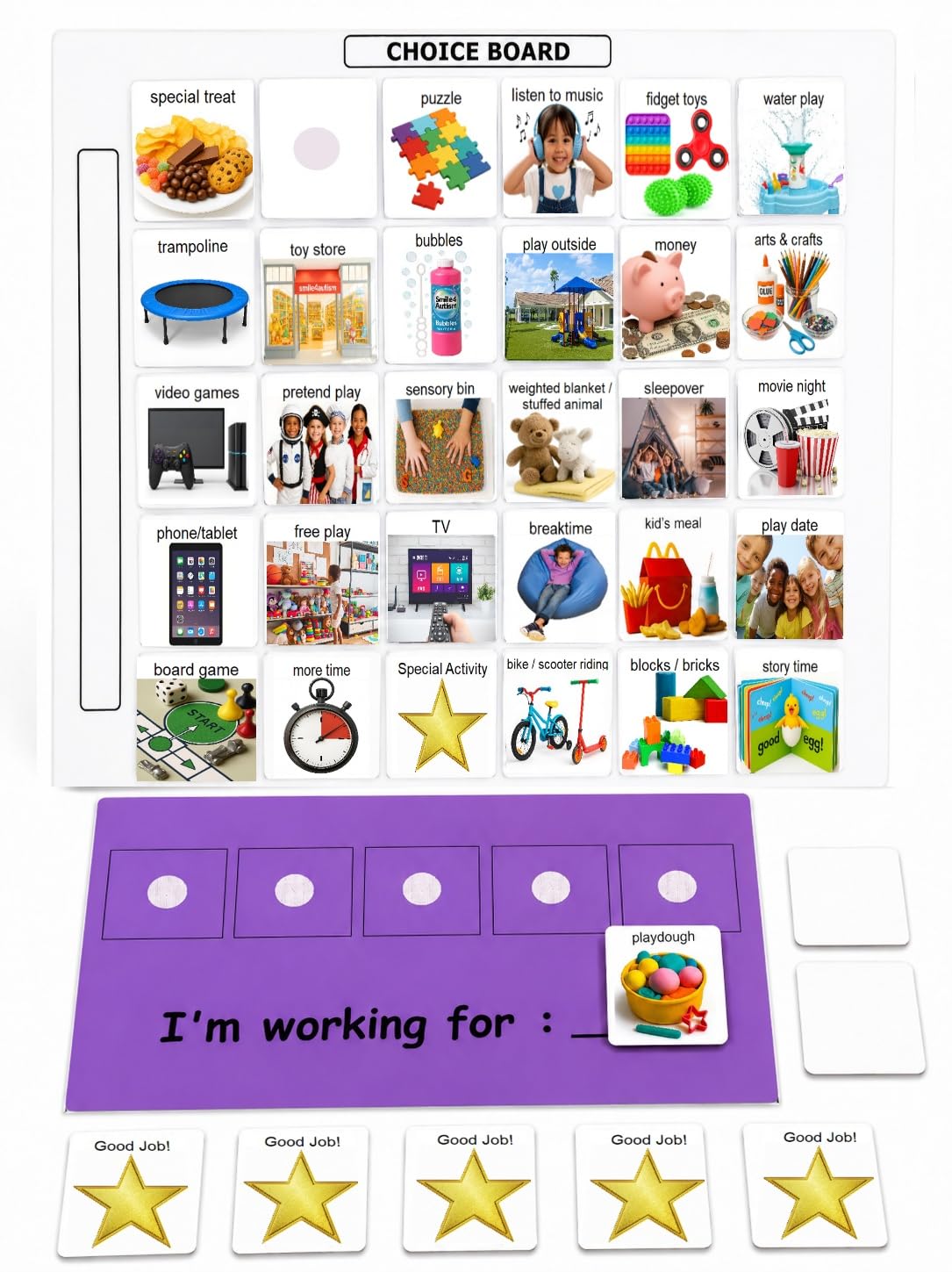 Visual Token Board System– Positive Behavior Reward Chart with Choice Board, 30 Reinforcer Cards & 5 Star Tokens for Home, School, ABA & Therapy and on the Go. (Green -Real Photos)