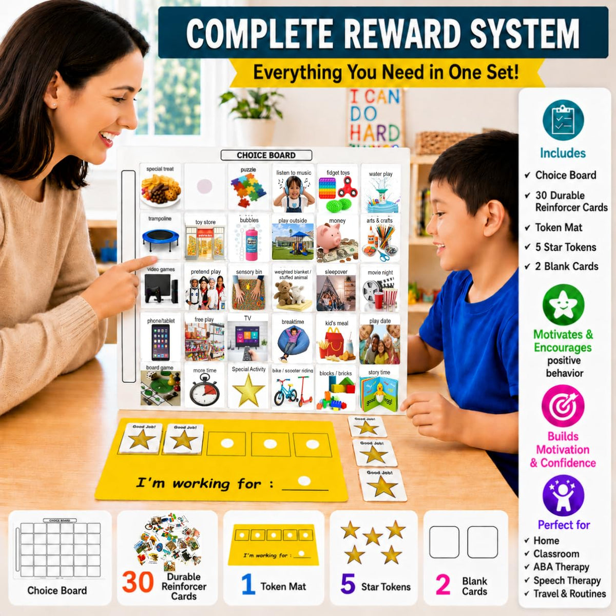 Visual Token Board System– Positive Behavior Reward Chart with Choice Board, 30 Reinforcer Cards & 5 Star Tokens for Home, School, ABA & Therapy and on the Go. (Green -Real Photos)