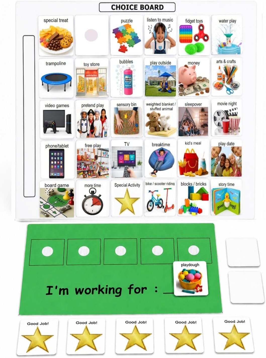 Visual Token Board System– Positive Behavior Reward Chart with Choice Board, 30 Reinforcer Cards & 5 Star Tokens for Home, School, ABA & Therapy and on the Go. (Green -Real Photos)