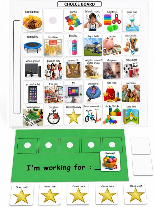 Visual Token Board System– Positive Behavior Reward Chart with Choice Board, 30 Reinforcer Cards & 5 Star Tokens for Home, School, ABA & Therapy and on the Go. (Green -Real Photos)