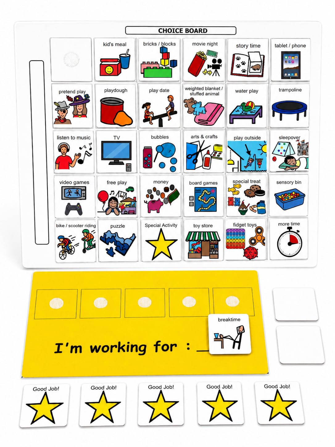 Visual Token Board System– Positive Behavior Reward Chart with Choice Board, 30 Reinforcer Cards & 5 Star Tokens for Home, School, ABA & Therapy and on the Go. (Green -Real Photos)
