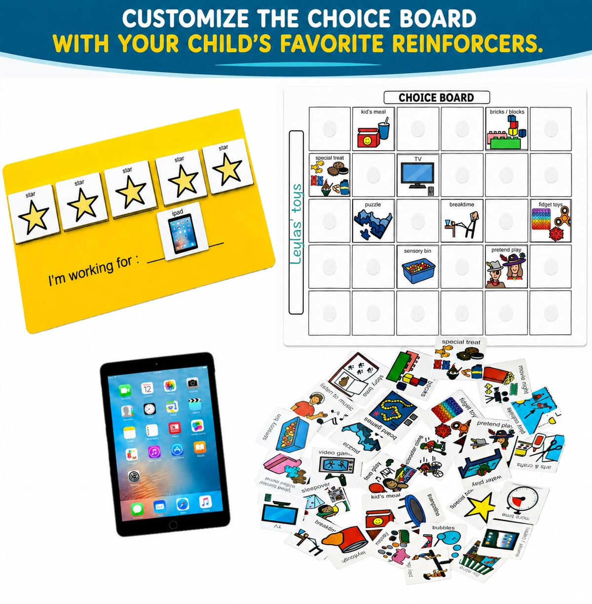 Visual Token Board System– Positive Behavior Reward Chart with Choice Board, 30 Reinforcer Cards & 5 Star Tokens for Home, School, ABA & Therapy and on the Go. (Green -Real Photos)