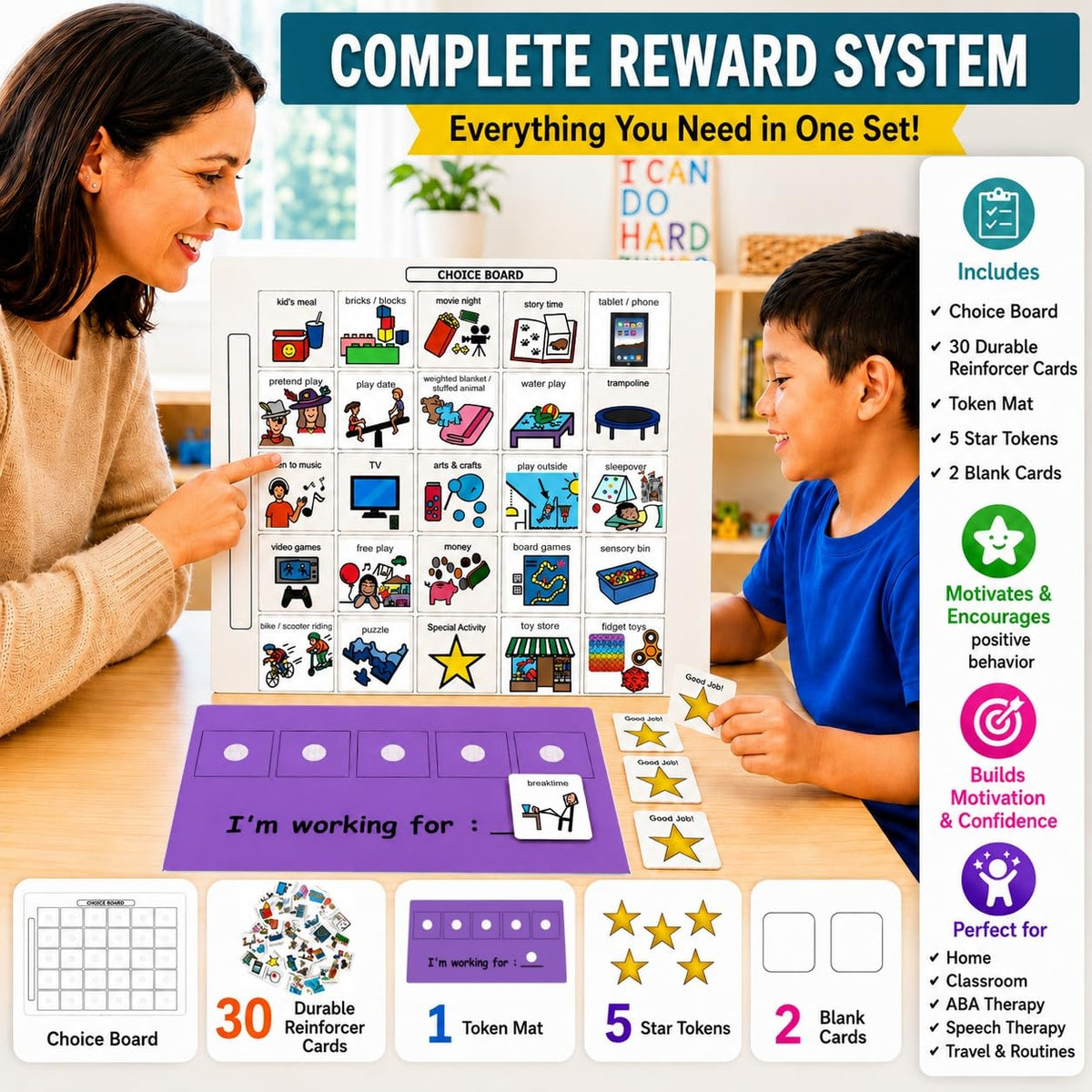 Visual Token Board System– Positive Behavior Reward Chart with Choice Board, 30 Reinforcer Cards & 5 Star Tokens for Home, School, ABA & Therapy and on the Go. (Green -Real Photos)