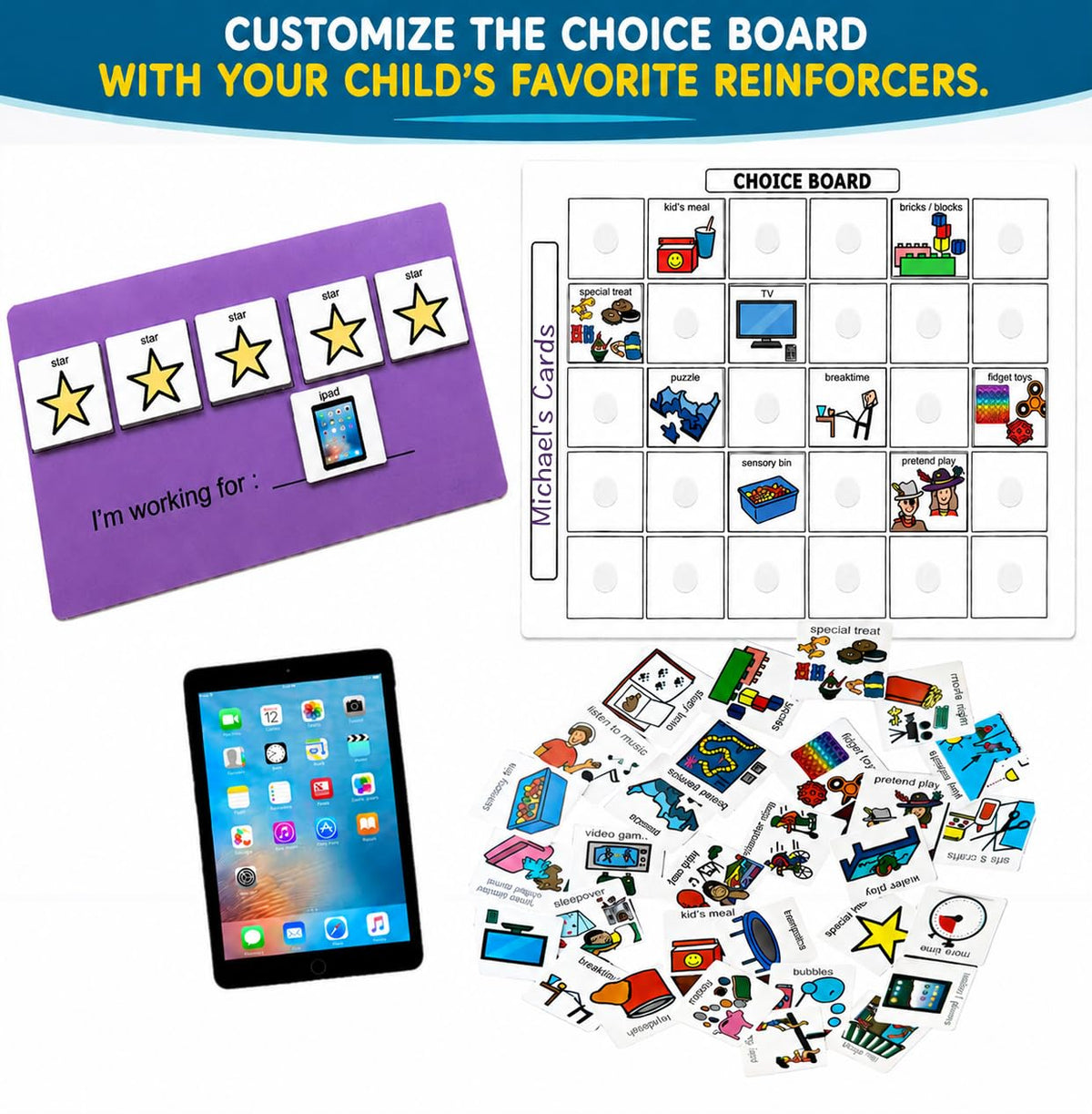 Visual Token Board System– Positive Behavior Reward Chart with Choice Board, 30 Reinforcer Cards & 5 Star Tokens for Home, School, ABA & Therapy and on the Go. (Green -Real Photos)