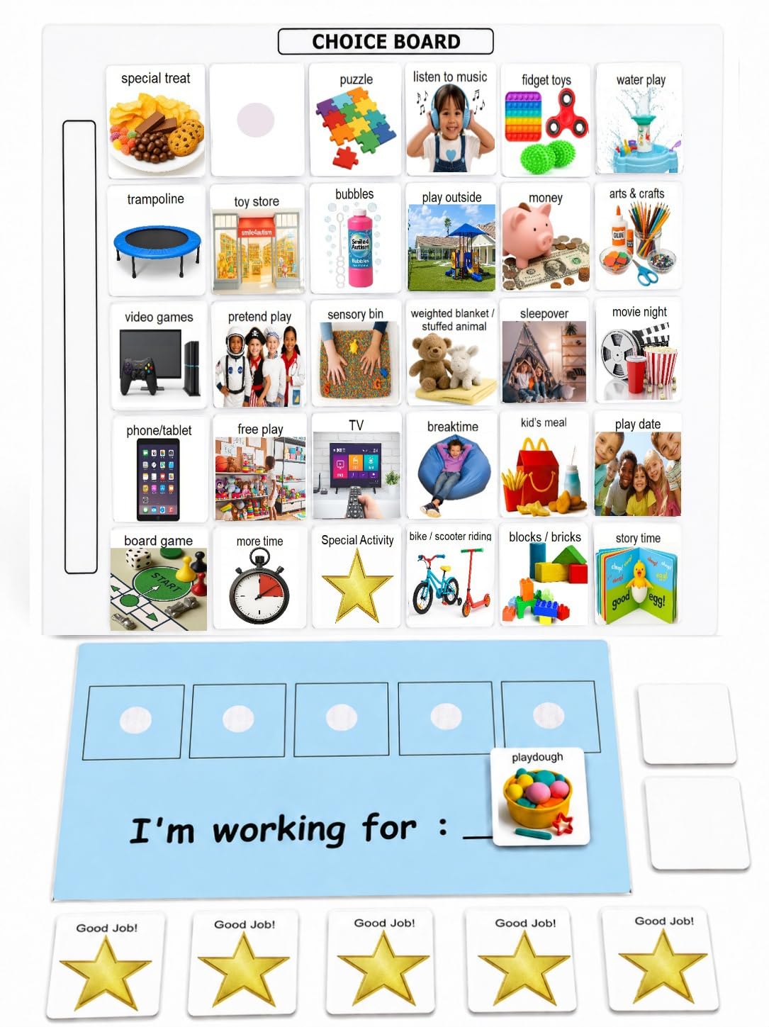 Visual Token Board System– Positive Behavior Reward Chart with Choice Board, 30 Reinforcer Cards & 5 Star Tokens for Home, School, ABA & Therapy and on the Go. (Green -Real Photos)