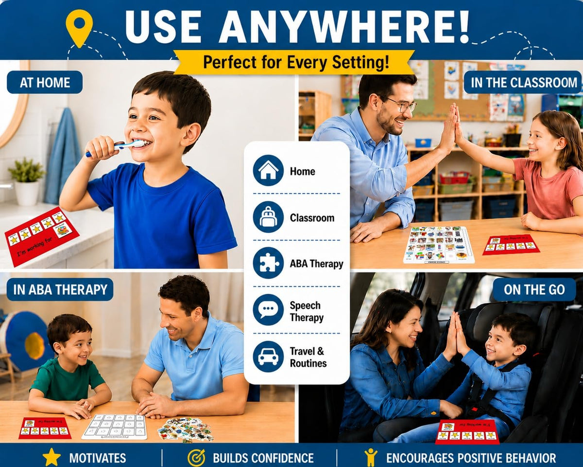 Visual Token Board System– Positive Behavior Reward Chart with Choice Board, 30 Reinforcer Cards & 5 Star Tokens for Home, School, ABA & Therapy and on the Go. (Green -Real Photos)