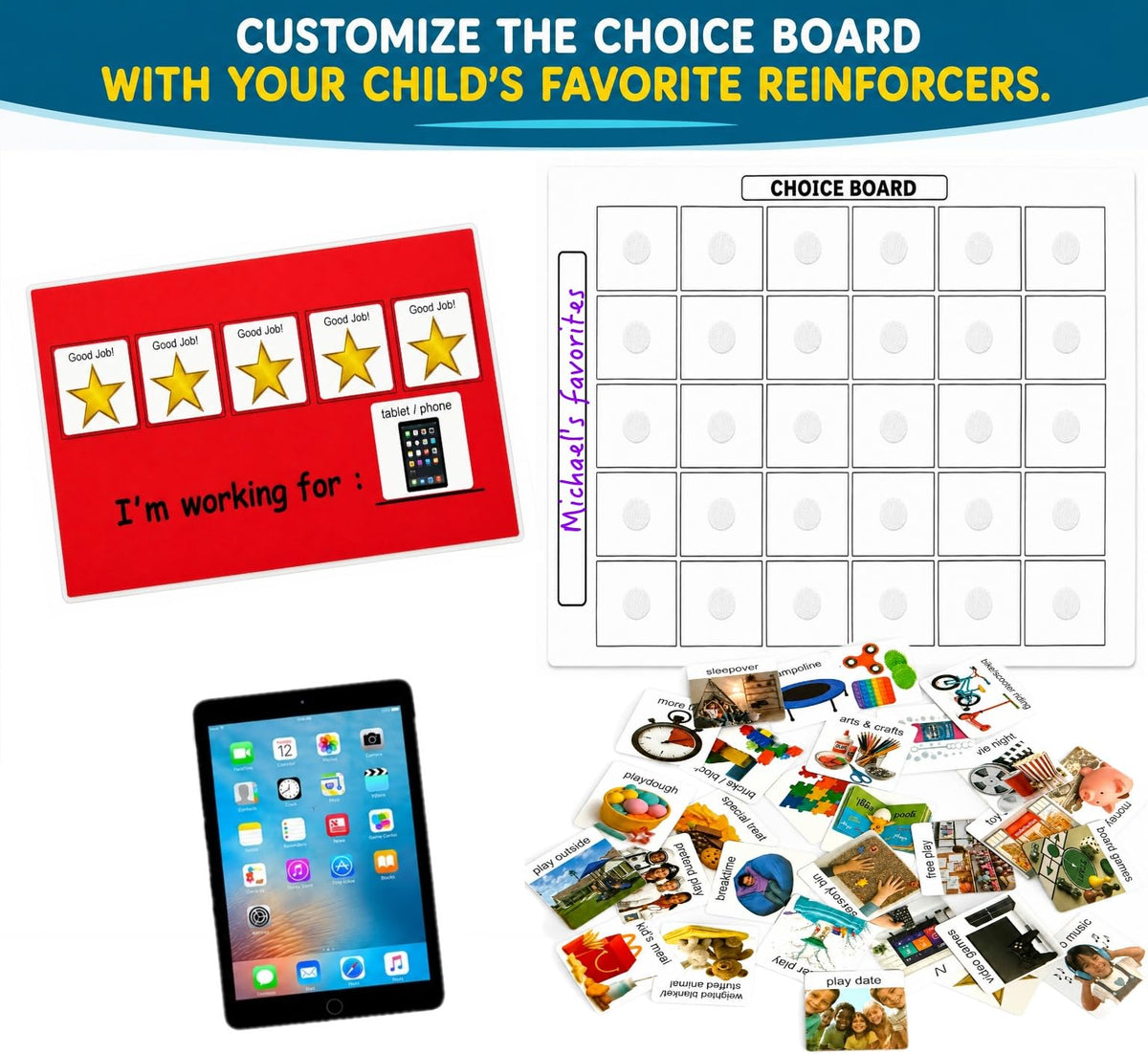 Visual Token Board System– Positive Behavior Reward Chart with Choice Board, 30 Reinforcer Cards & 5 Star Tokens for Home, School, ABA & Therapy and on the Go. (Green -Real Photos)