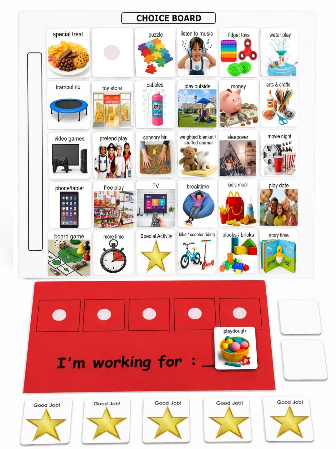 Visual Token Board System– Positive Behavior Reward Chart with Choice Board, 30 Reinforcer Cards & 5 Star Tokens for Home, School, ABA & Therapy and on the Go. (Green -Real Photos)