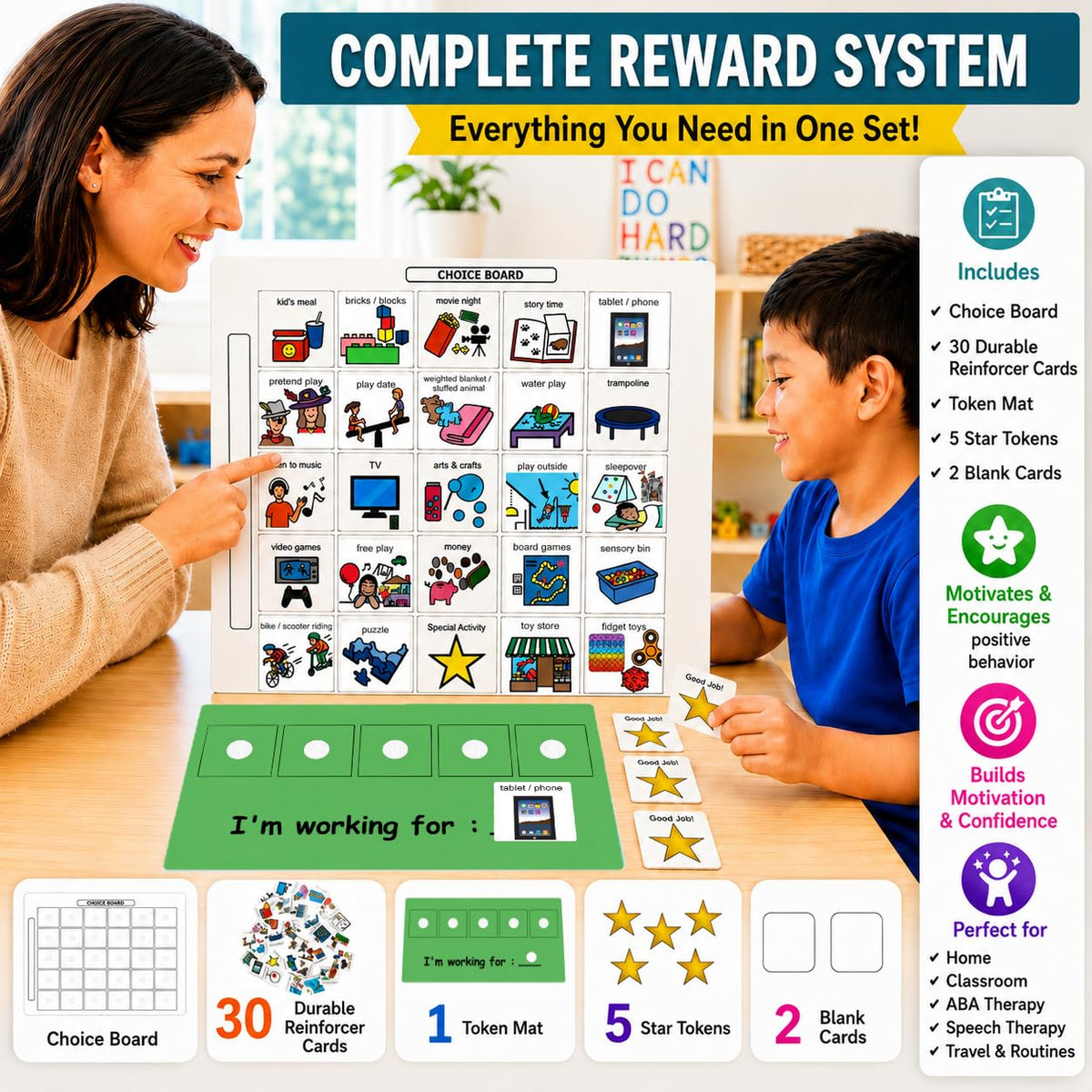 Visual Token Board System– Positive Behavior Reward Chart with Choice Board, 30 Reinforcer Cards & 5 Star Tokens for Home, School, ABA & Therapy and on the Go. (Green -Real Photos)