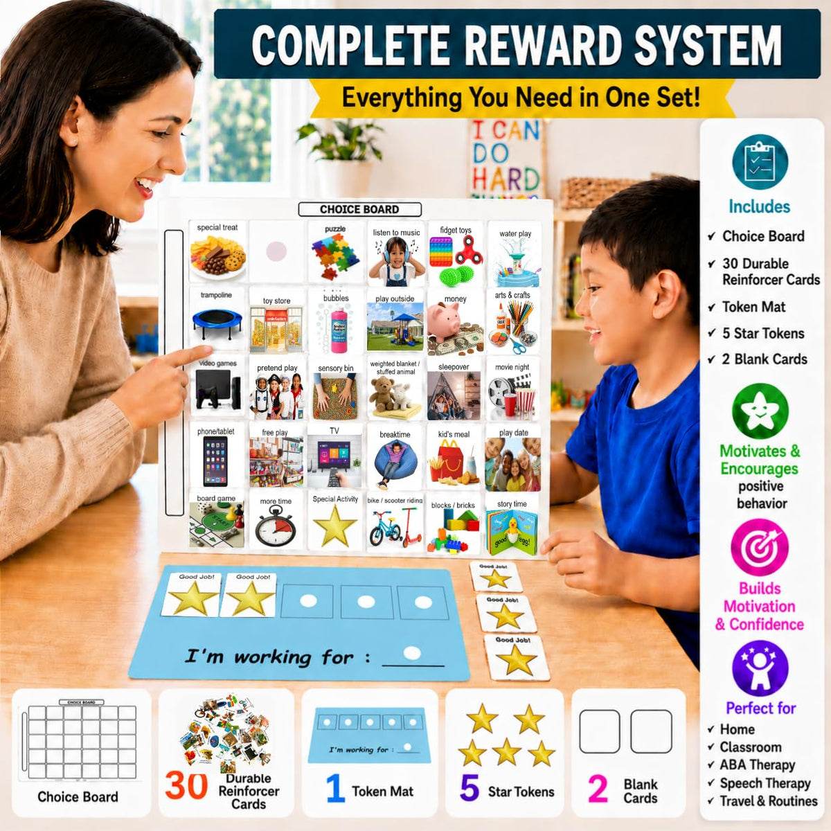 Visual Token Board System– Positive Behavior Reward Chart with Choice Board, 30 Reinforcer Cards & 5 Star Tokens for Home, School, ABA & Therapy and on the Go. (Green -Real Photos)