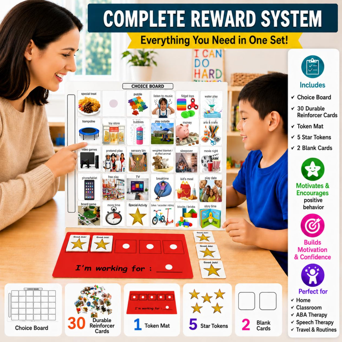 Visual Token Board System– Positive Behavior Reward Chart with Choice Board, 30 Reinforcer Cards & 5 Star Tokens for Home, School, ABA & Therapy and on the Go. (Green -Real Photos)