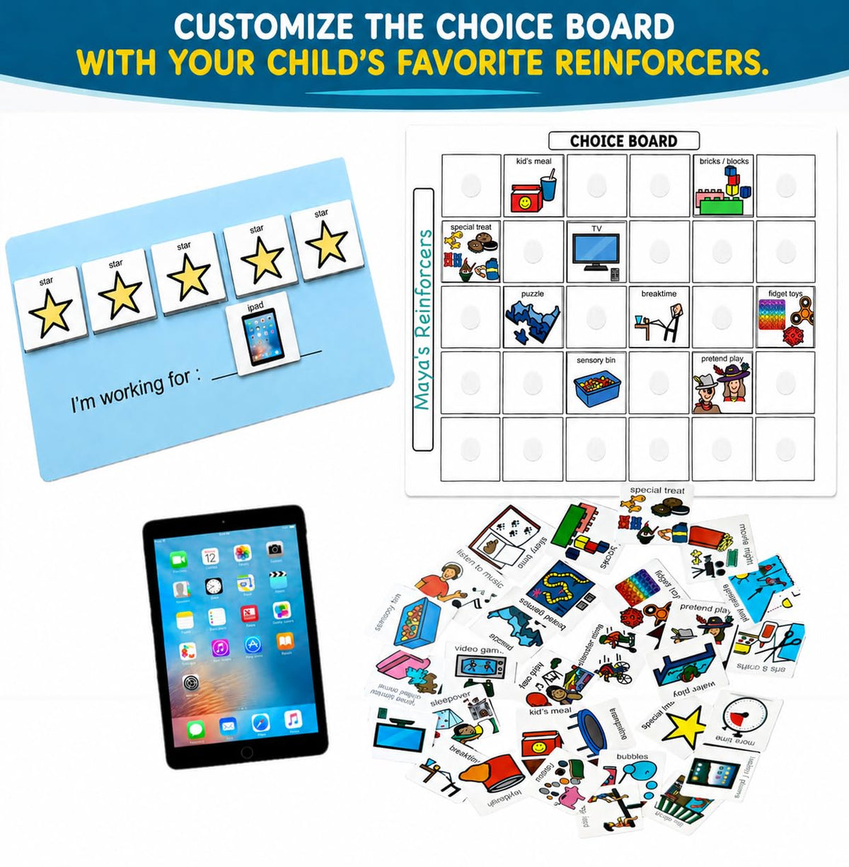 Visual Token Board System– Positive Behavior Reward Chart with Choice Board, 30 Reinforcer Cards & 5 Star Tokens for Home, School, ABA & Therapy and on the Go. (Green -Real Photos)