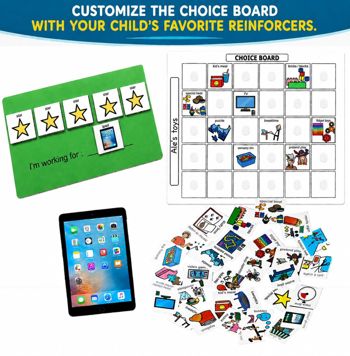 Visual Token Board System– Positive Behavior Reward Chart with Choice Board, 30 Reinforcer Cards & 5 Star Tokens for Home, School, ABA & Therapy and on the Go. (Green -Real Photos)