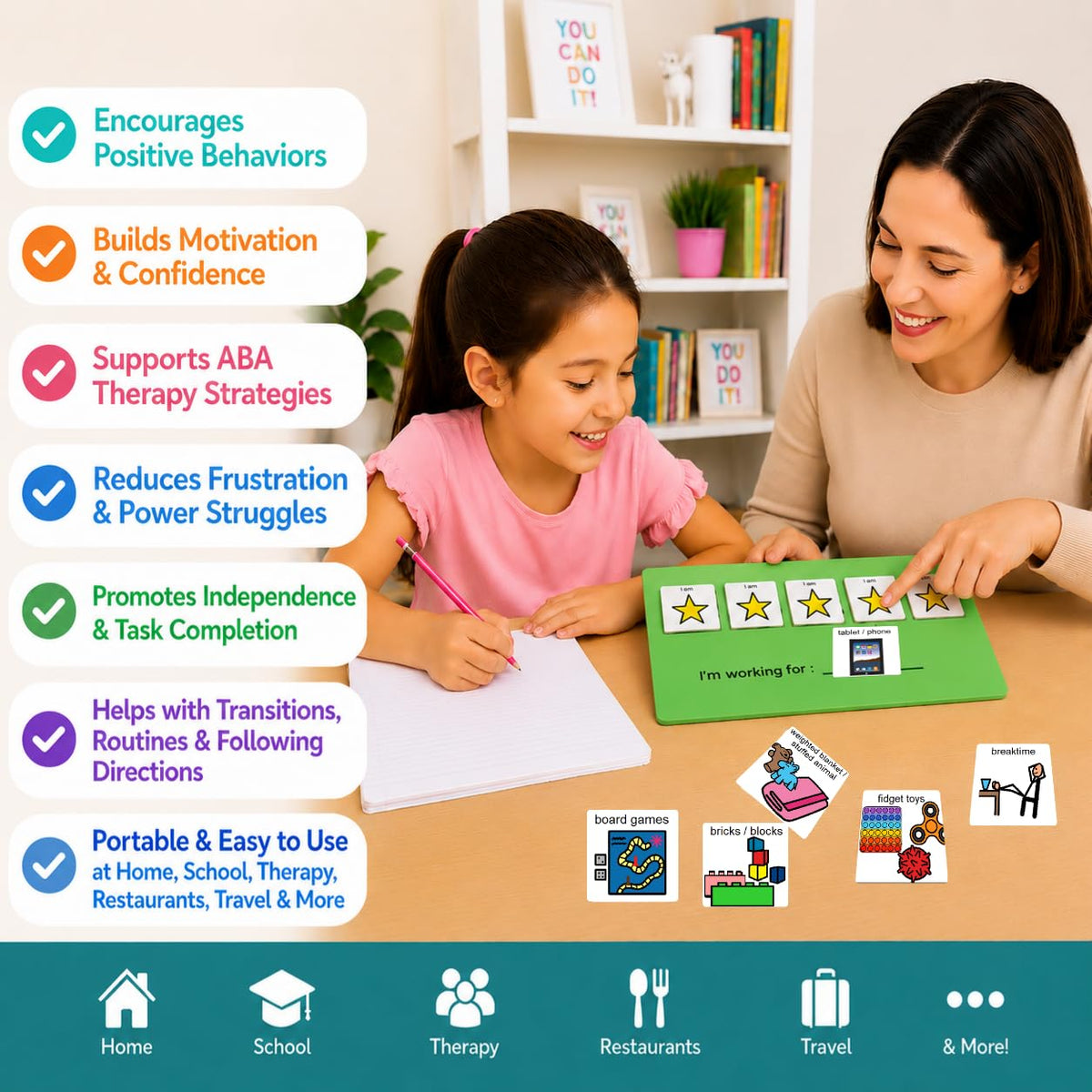 Visual Token Board System– Positive Behavior Reward Chart with Choice Board, 30 Reinforcer Cards & 5 Star Tokens for Home, School, ABA & Therapy and on the Go. (Green -Real Photos)