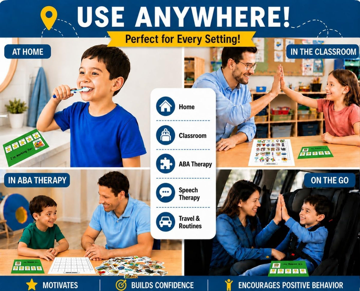 Visual Token Board System– Positive Behavior Reward Chart with Choice Board, 30 Reinforcer Cards & 5 Star Tokens for Home, School, ABA & Therapy and on the Go. (Green -Real Photos)